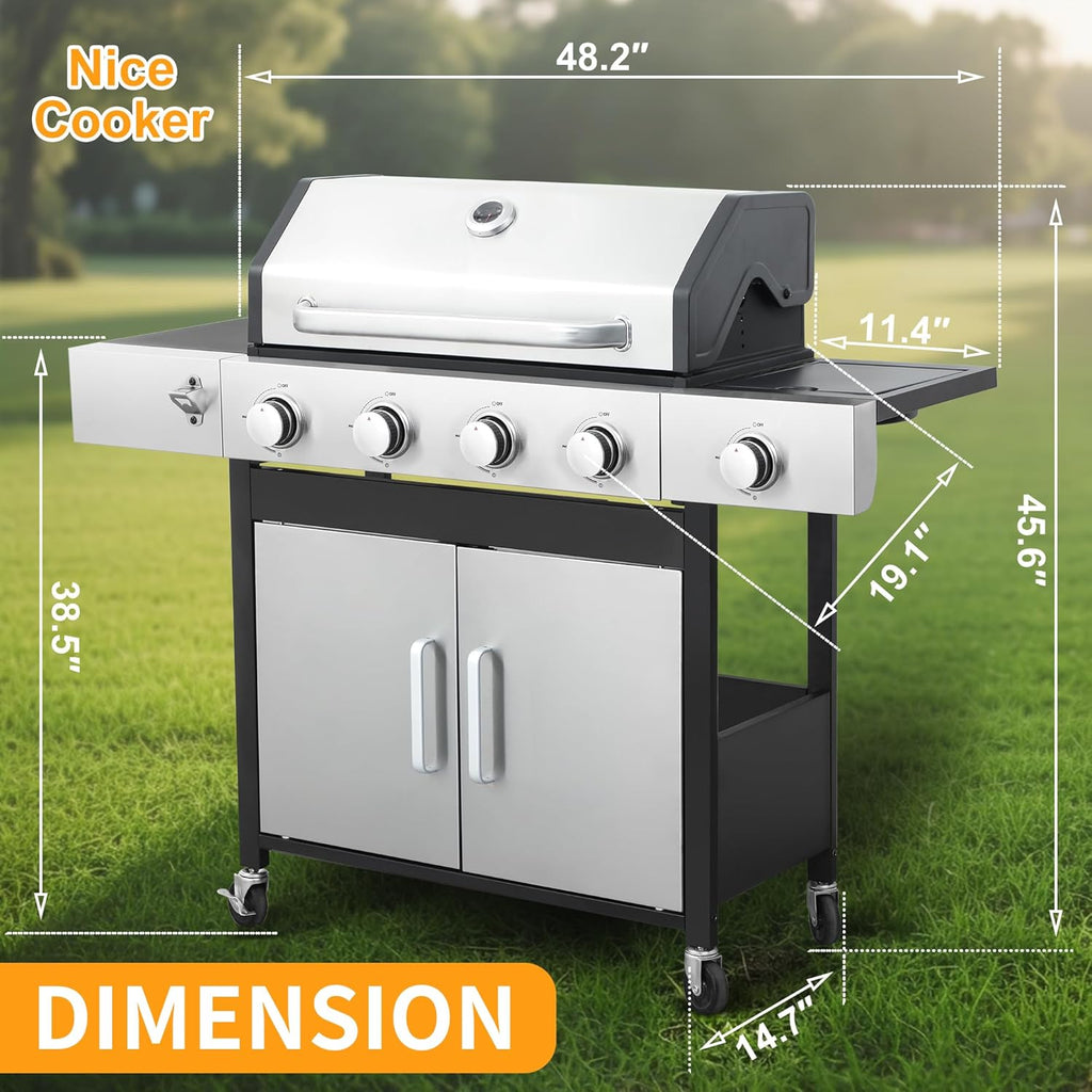 4-Burner Propane Gas Grill with Side Burner, 46,890 BTU Stainless Steel BBQ Grill with Enameled Cast Iron Grates and Side Table for Patio and Backyard