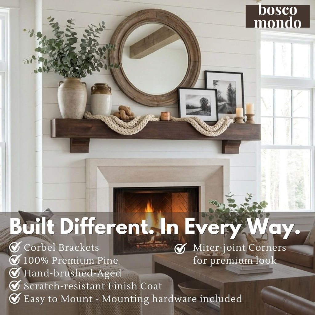 Shelf with Corbels - Rustic Farmhouse Wooden Mantel, Solid Pine Floating Mantel Shelf for Wall, Decorative for Living