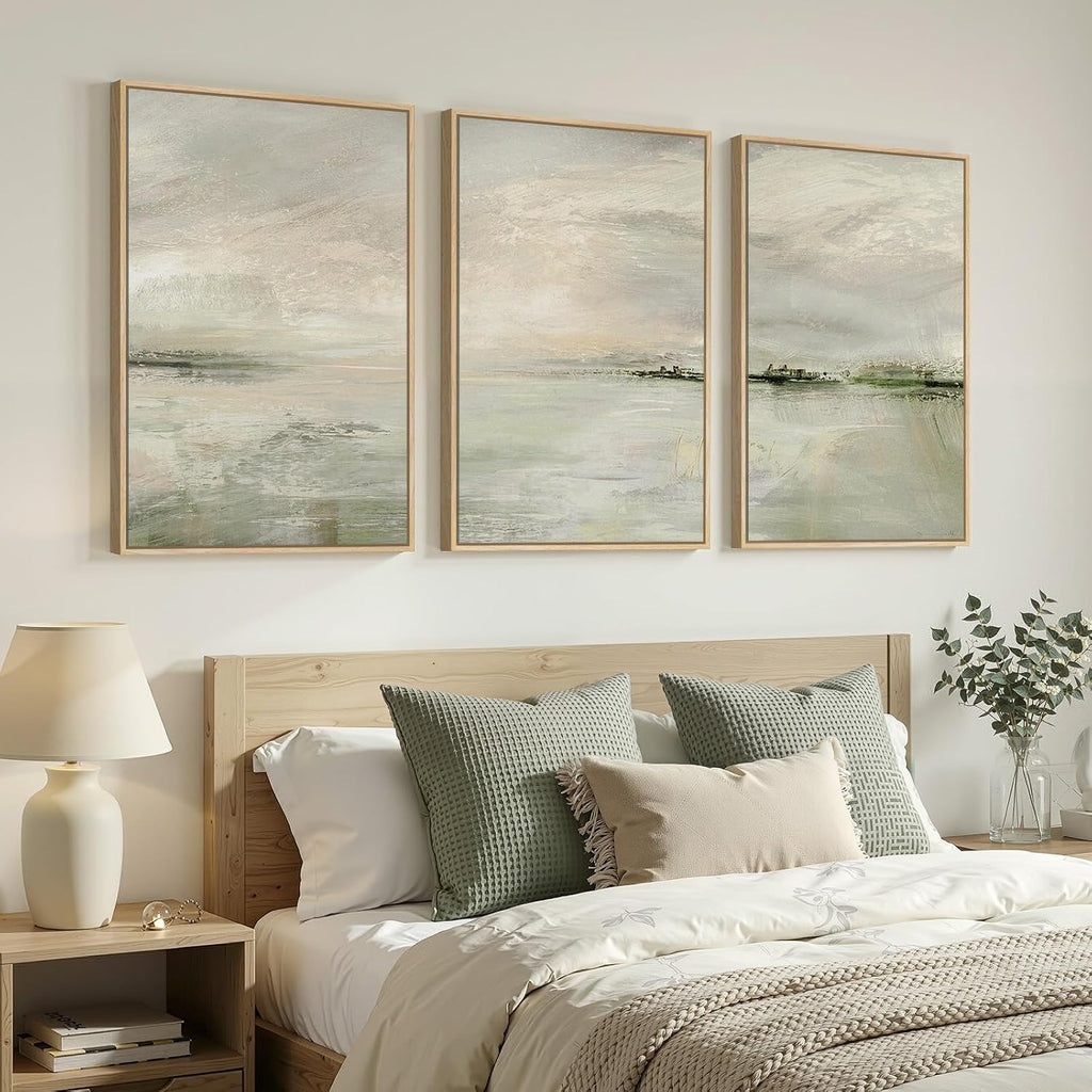 Large Framed Sage Green Abstract Landscape Wall Art , 3 Piece Modern Canvas Prints Paintings Artwork for Walls
