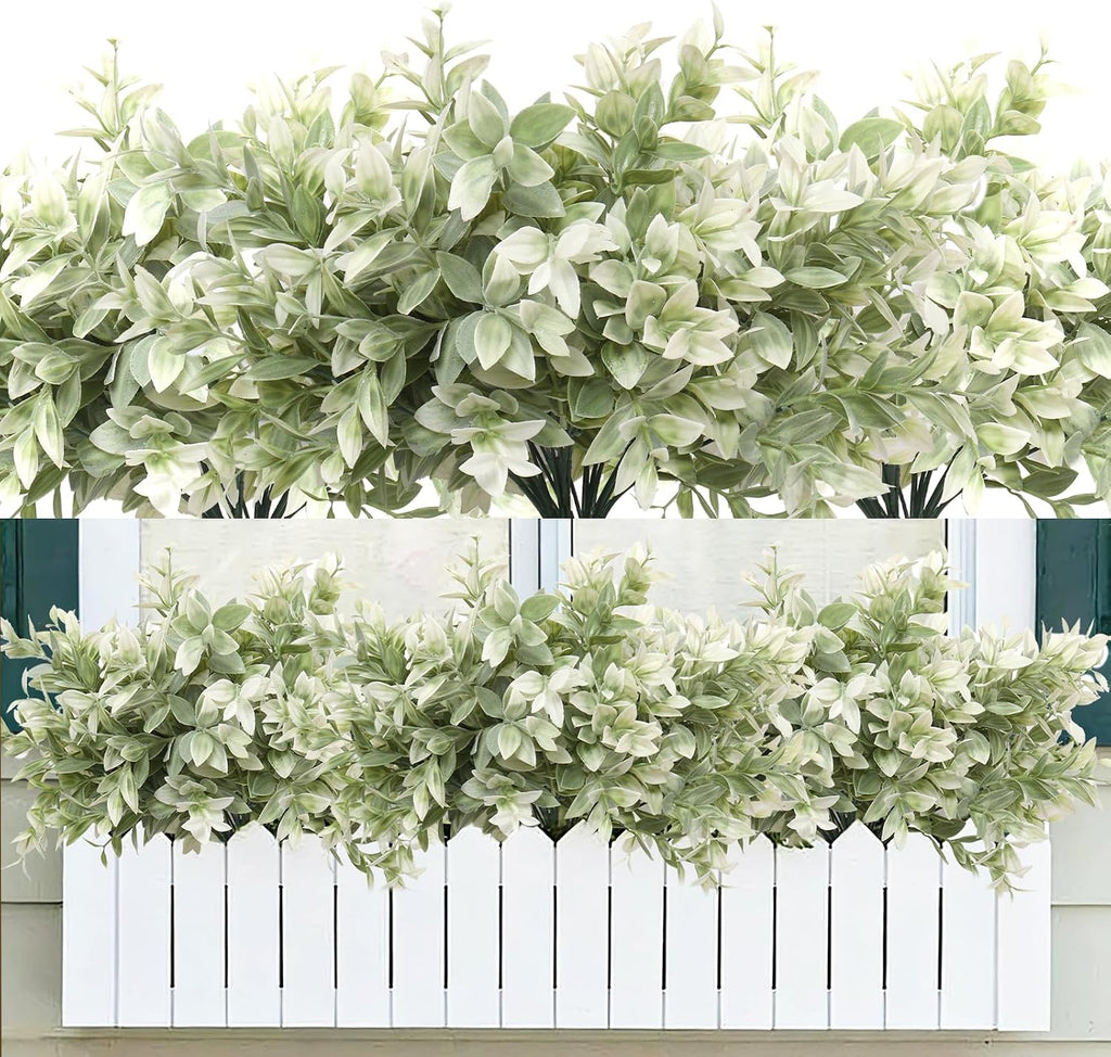 6 Bundles Artificial Greenery Stems, 14.5" Fake Lucky Bamboo Leaves Faux Outdoor Plants UV Resistant Plastic Shrubs