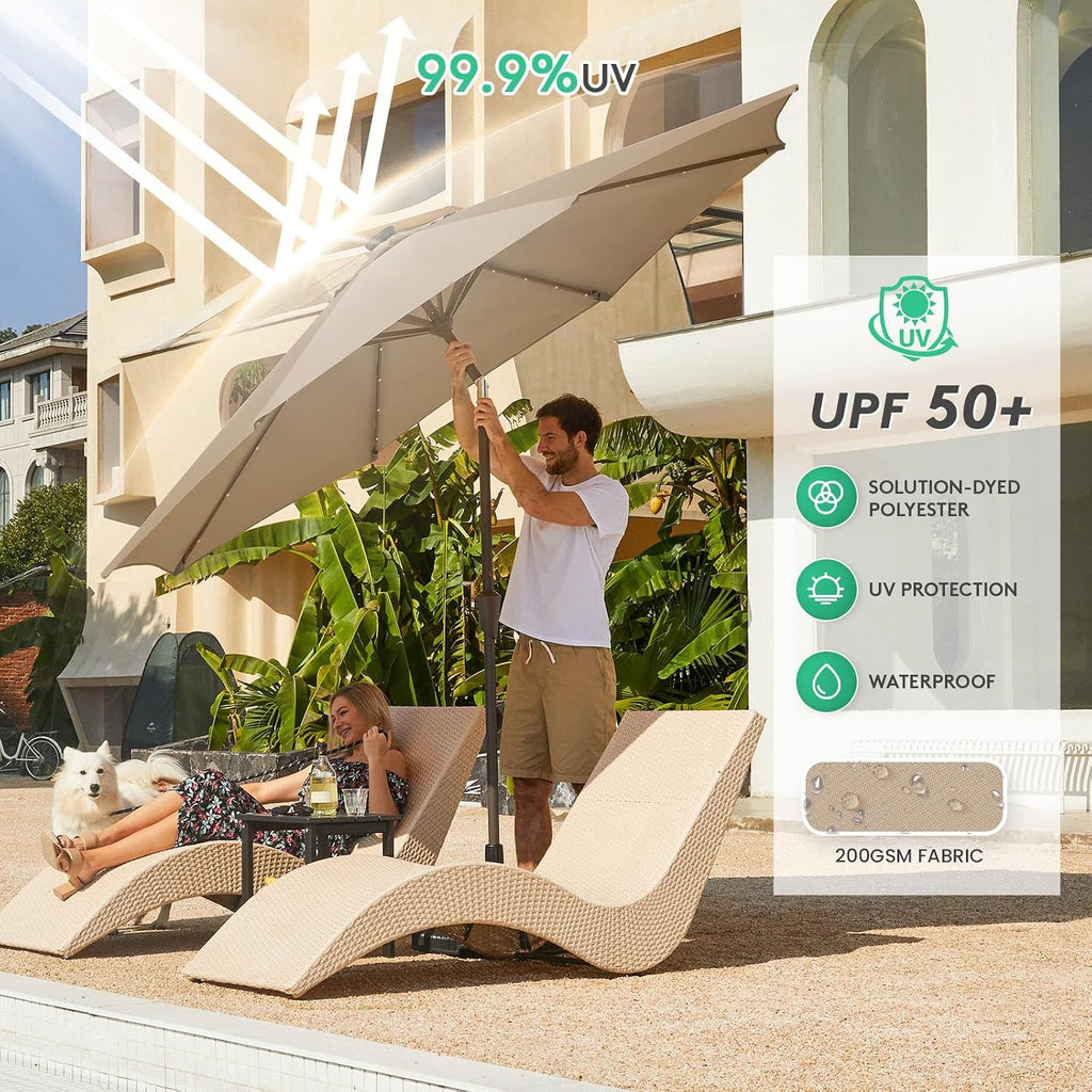 9FT Outdoor Patio Umbrella with Solar Lights, LED Lighted Pool Umbrella with Tilt and Crank - Beige