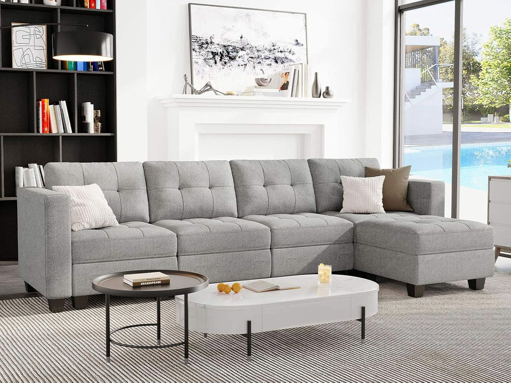 Light Grey L Shape 5-Seat Modular Sectional Sofa with Storage, Reversible Chaise, Adjustable Backrest, Cotton &
