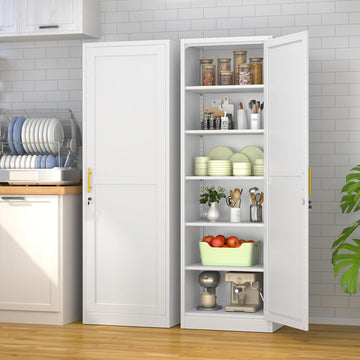 Lockable Tall Pantry Cabinet, Adjustable Shelves, Narrow Storage Cabinet | 1 Lock for Full Cabinet Security, 5