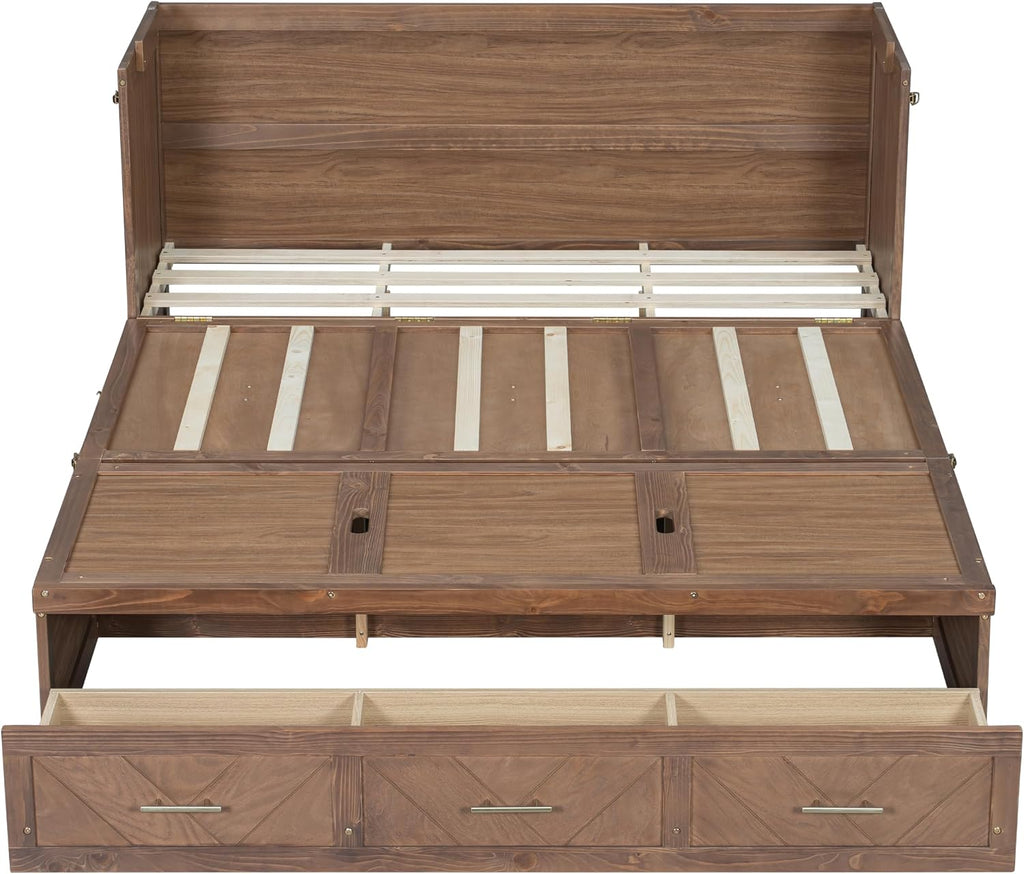 Queen Murphy Bed with Charging Station and Storage, Farmhouse Murphy Bed with Foldable Panel for Guest Bedroom