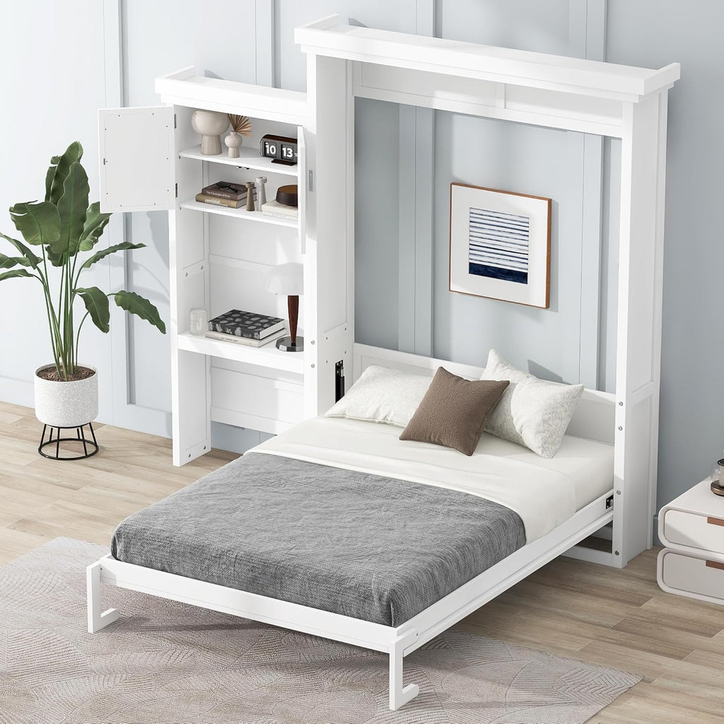 White Murphy Bed Queen with Shelves and Cabinet,Multifunctional Solid Wood Foldable Wall Bed with Louvered Style