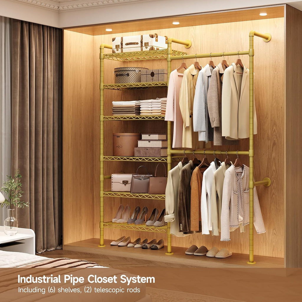 Wall Mounted Garment Rack, Walk-in Closet System with Expandable Rods, Adjustable Shelves, Industrial Pipe Clothing