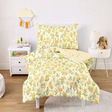 Floral Toddler Bedding Set for Girls, Cute Colorful Botanical Flowers, 4 Pieces Soft Crib Bed Set Including