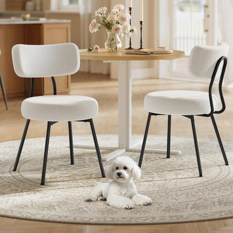 Boucle Dining Chairs Set of 2, Upholstered Kitchen Dining Room Chairs with Curved Backrest and Steel Frame