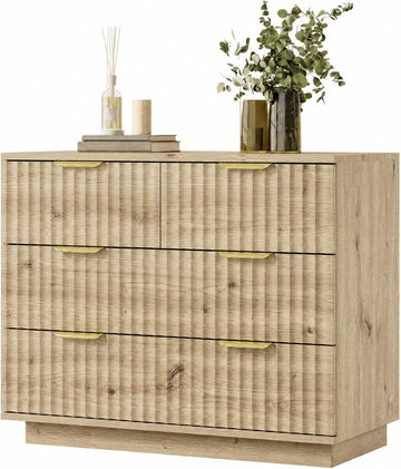Oversized Fluted Night Stand with Drawers, Natural Wood Grain Bedside Table with 4 Extra Deep Drawers & Gold Metal
