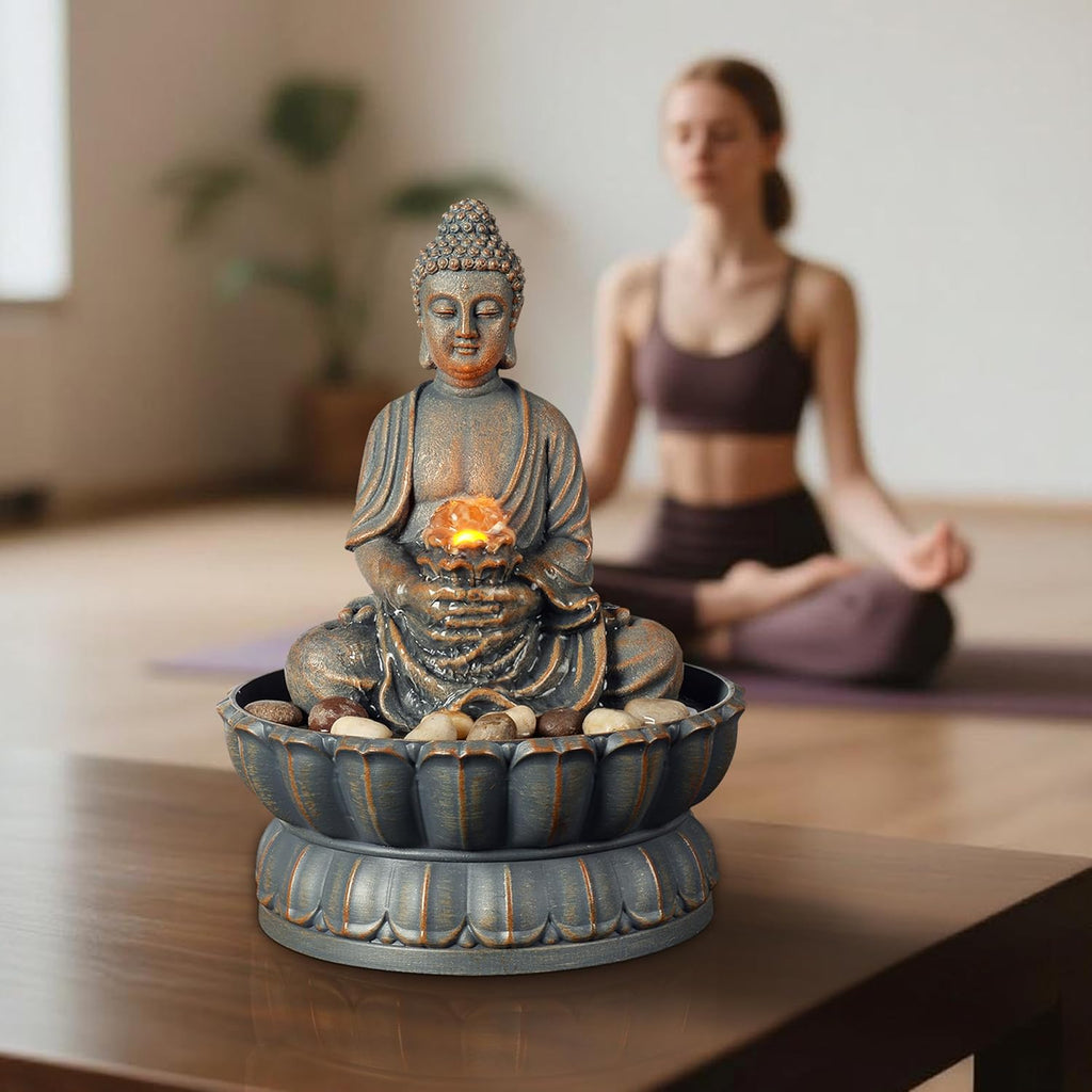 Home Décor 9.6" Tabletop Fountain Exquisite Smile Sitting Buddha Fountains Desk Water Fountain Decorative Zen