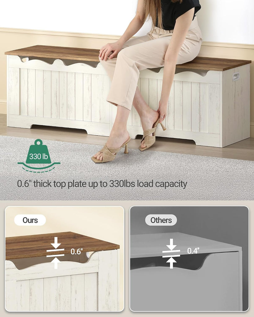59" Lift Top Storage Bench, 268L/70Gal FSC Wood Chest | | Retro White | 330lb Seating | Double Hinges | Bedroom