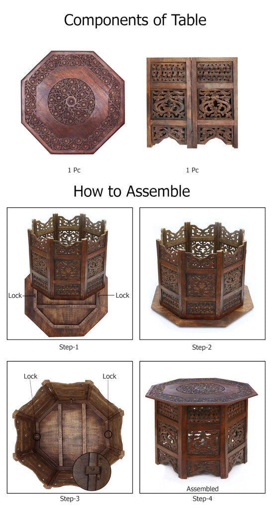 Solid Wood Coffee Table - Hand Carved Folding Octagon Table