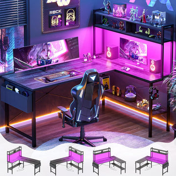 L Shaped Desk Gaming Desk, 59" L Shaped Computer Desk with LED Light & Power Outlet