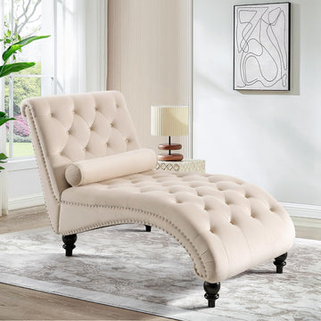 Chaise Lounge Chair Indoor, Modern Velvet Upholstered Sofa with Solid Wooden Leg and Lumbar Pillow, Button Tufted