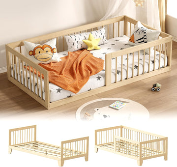 Montessori Toddler Bed, Variable Twin Floor Bed Frame with Removable Guardrails and Legs, Low Wooden Kids Bed with 10