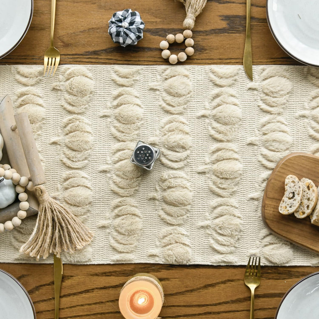 Beige Soft Faux Fur Pumpkins Fall Table Runner 13x72 Inch