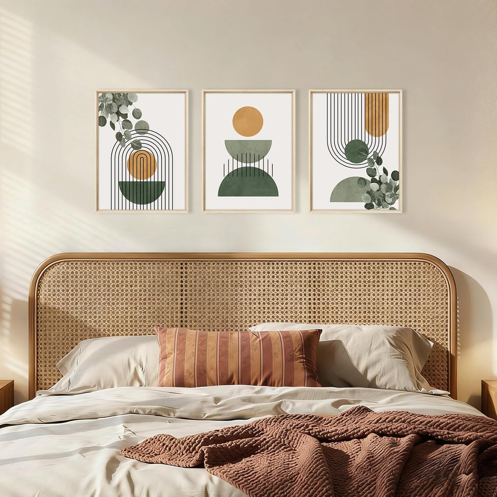 Boho Sage Green Leaves Framed Canvas Wall Art Set,Abstract Mid Century Geometric Arch Line Circle Decor,Modern