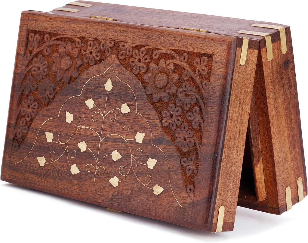 Wooden Jewellery Box Brass Inlay Hand Carved Keepsake Chest 8x5