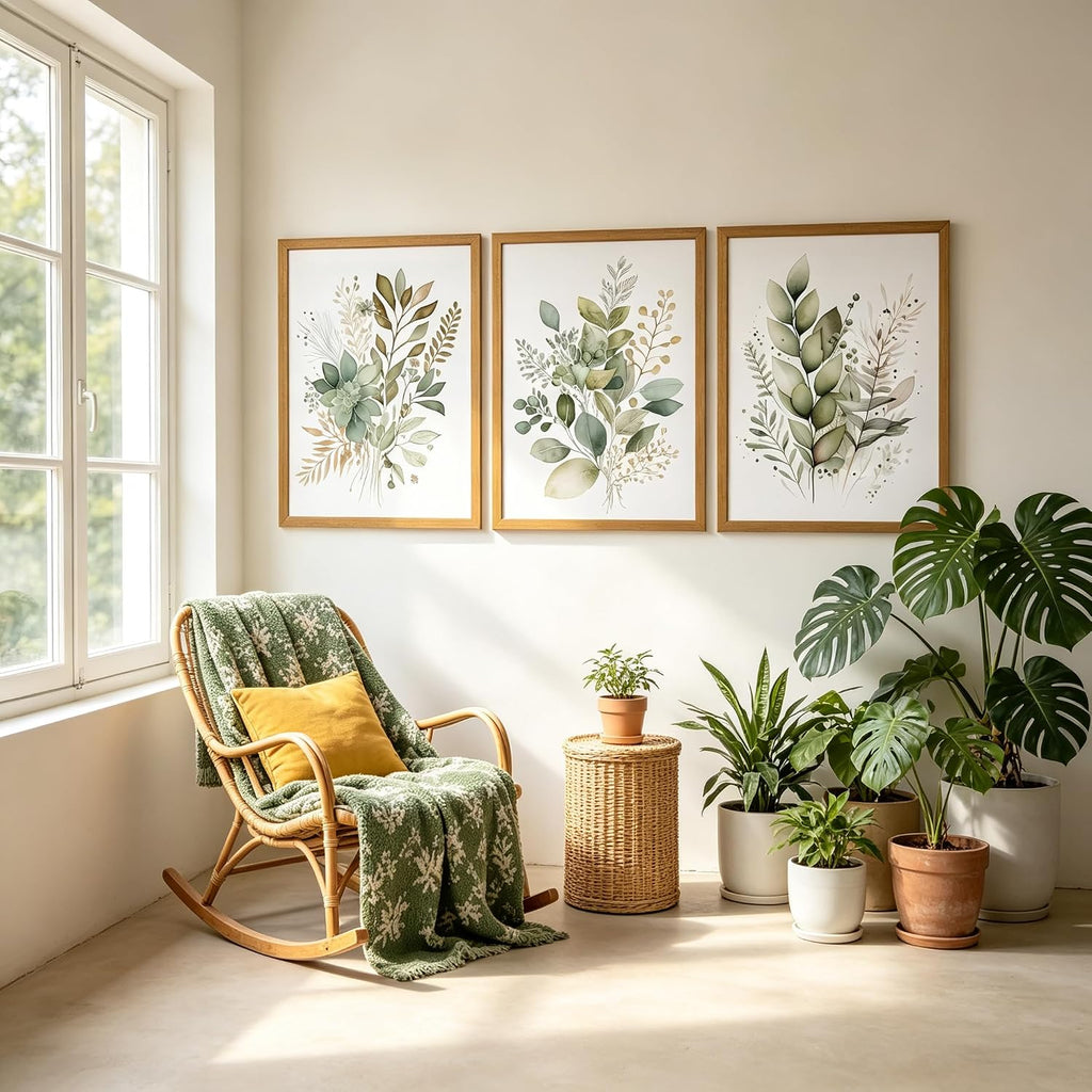 Sage Green Botanical Wall Art Set of 3, Modern Watercolor Eucalyptus Leaf Canvas Prints, Minimalist Boho Floral Wall