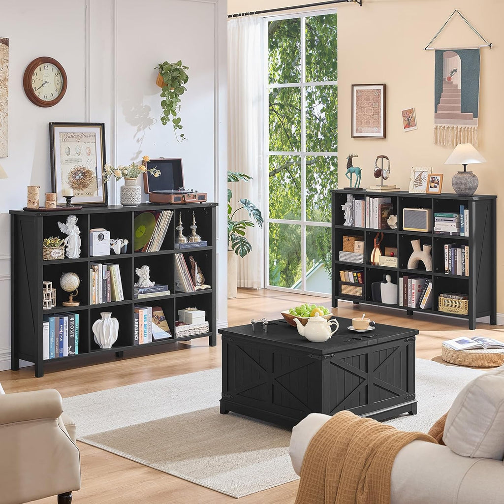 12 Cube Storage Organizer, Farmhouse 62 Inch Wide Black Oak Display Bookshelf, Wooden 3 Tier Large Open Book Shelf