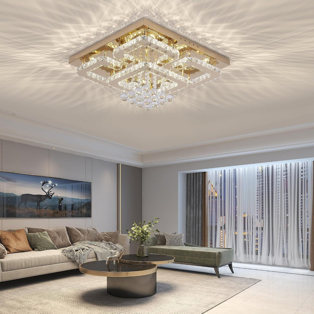24 inch Flush Mount Chandelier Crystal Ceiling Light with Remote Control/APP, 3CCT Dimmable&Brightness Adjustable