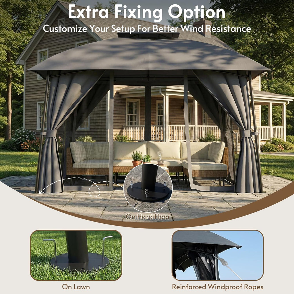 Outdoor Patio Gazebo 10x12 with Solar Powered LED Light