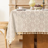 Boho Crochet Tablecloth Rectangle 60 x 84 Inch Beige Farmhouse Handmade Embroidered Cotton Lace Tabl