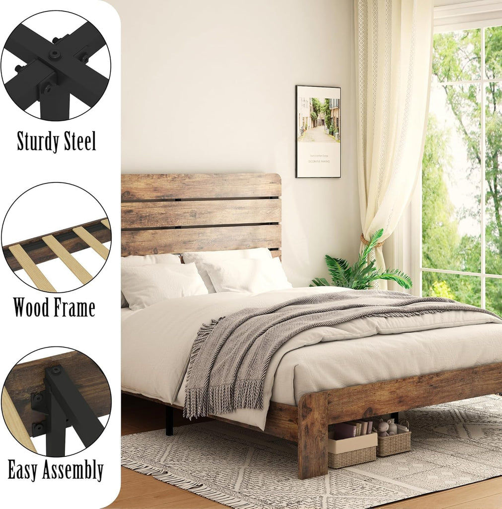Wooden Queen Bed Frame with Headboard, Rustic Farmhouse Platform Bedframe with Wood Slat Support, Sturdy and No