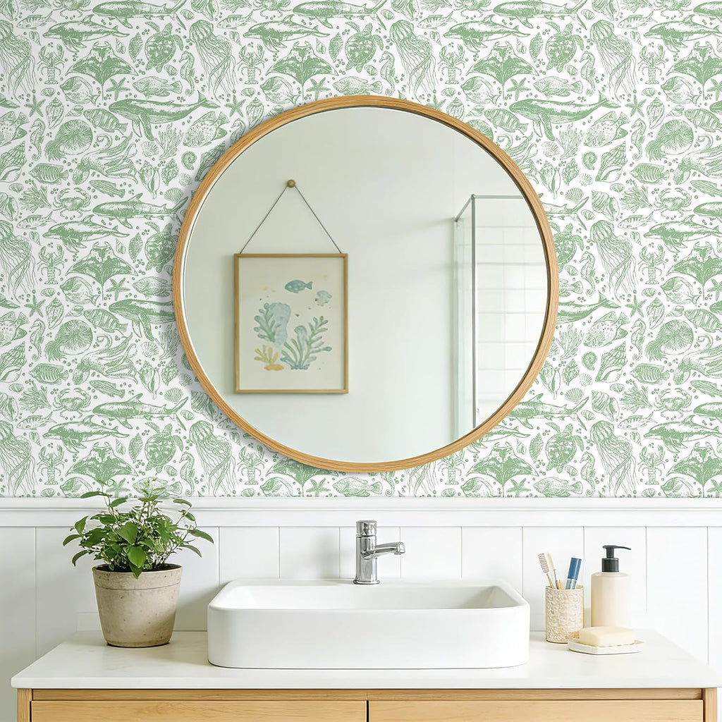 17.5x276 Coastal Peel and Stick Wallpaper Green Contact Paper Beach Nautical Ocean Renter Friendly Whale Shark Sage