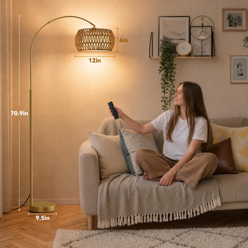 Boho Arc Floor Lamp, Color Temp and Brightness Adjustable, Gold
