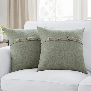 Set of 2 Dark Sage Square Pillow Covers 22 x 22 Farmhouse Boho Pillow Covers with Coconut Buttons for Sofa Couch