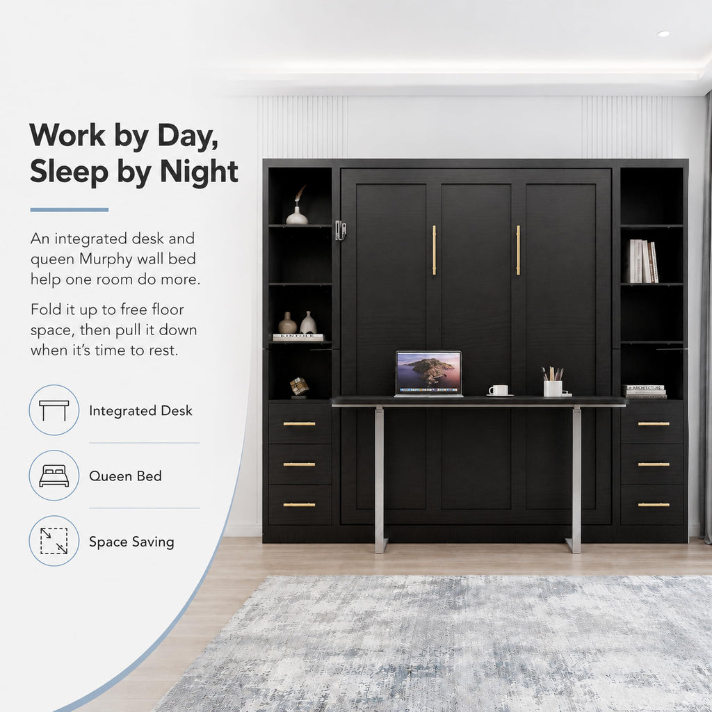 Queen Murphy Bed with Storage, Integrated Desk, Side Cabinets and Drawers