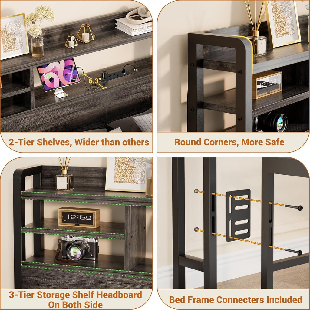 Headboard for King Bed with Storage, Headboards with LED Light, Power Outlets, USB Ports King Head Board
