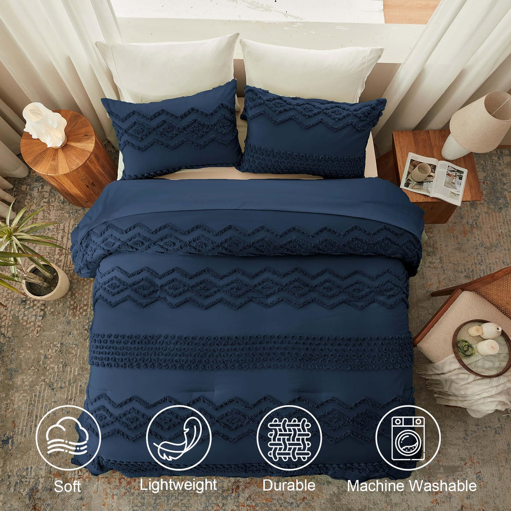 Navy Blue Tufted Comforter Set, 3 Pieces Queen Boho Bedding Set