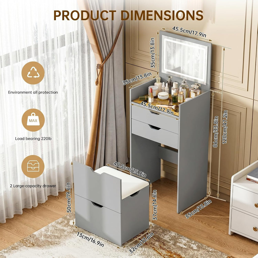 Vanity Desk with Mirror and Lights, Vanity Table Set with Storage Drawer, Bedroom Dressing Table with Charging