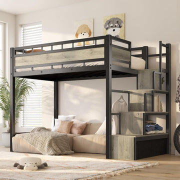Loft Bed Twin with Stairs, 53.5” Under-Space for Sofa and Desk, More Stable and Safe Industrial Metal Frame for Teens