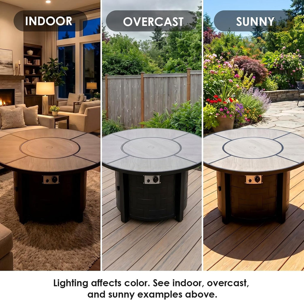 42-Inch Round Propane Fire Pit Table, 50,000 BTU, Gray | Round Gas Fire Table with Blue Fire Glass; Lid Restores