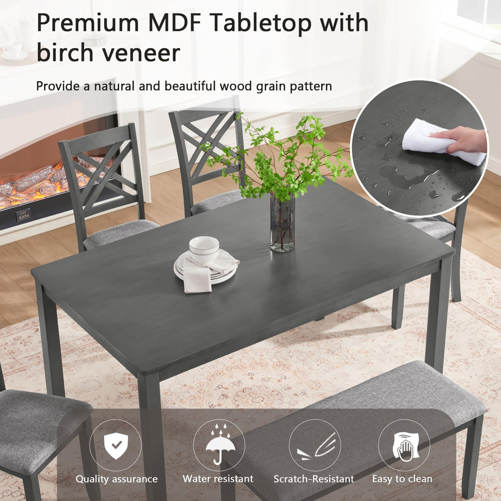 6 Piece Kitchen Dining Room Set, Rectangular Wooden Dining Table with 4 X-Back Upholstered Chairs and 1 Bench, Modern