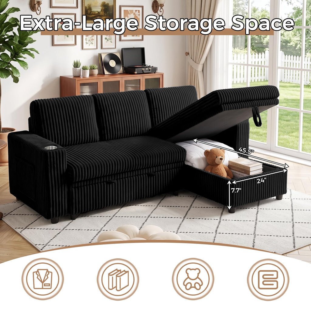 82.5" Pull Out Sleeper Sofa Bed with Storage Chaise, Black