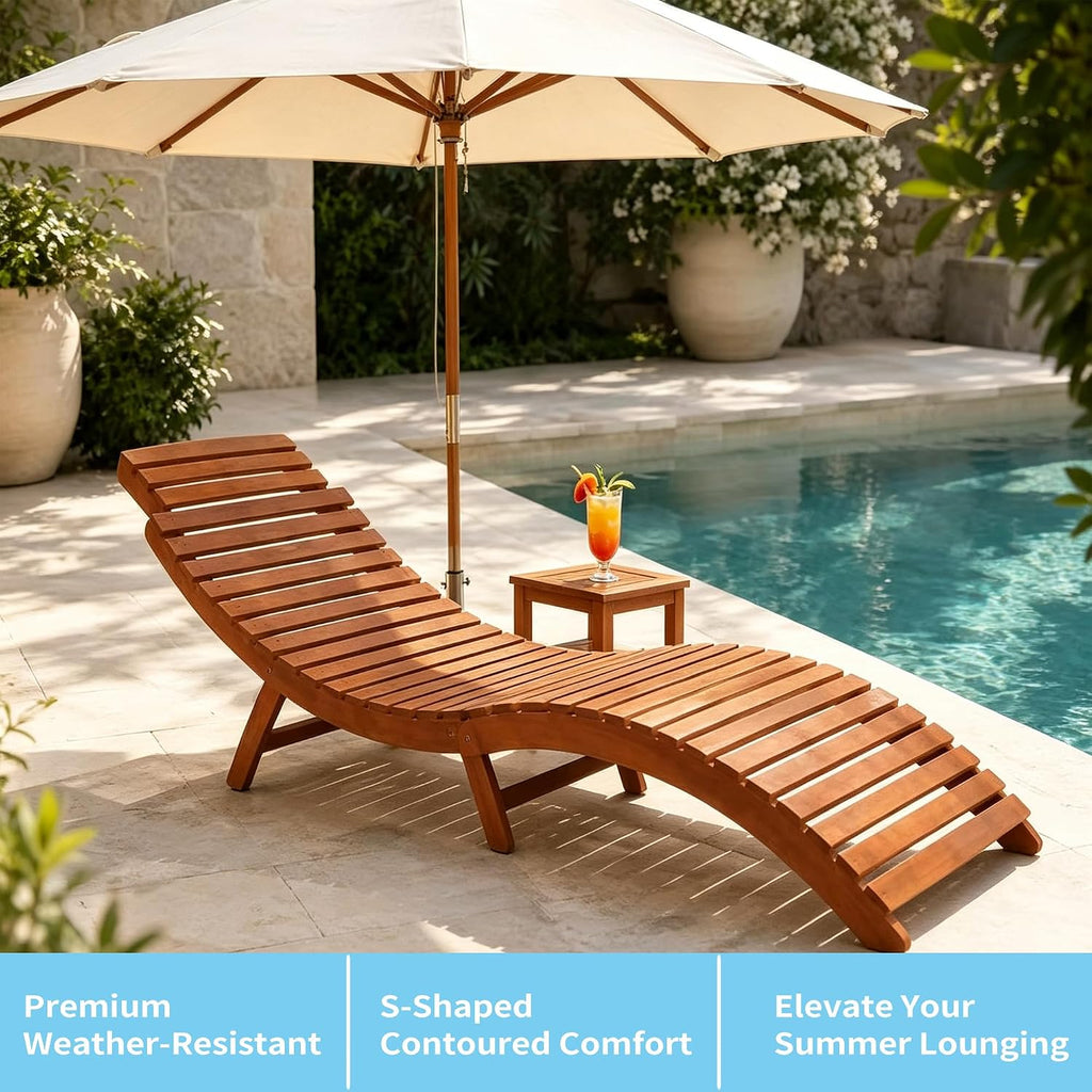 Folding Acacia Wood Outdoor Chaise Lounge-Waterproof Sun Lounger Lawn Backyard Patio