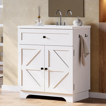 30 Inch Bathroom Vanity with Integrated Ceramic Sink, Farmhouse Single Sink Bathroom Vanity, Tip-Out Drawer & Adjustable Shelf (White)