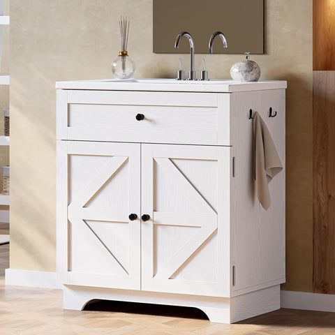 30 Inch Bathroom Vanity with Integrated Ceramic Sink, Farmhouse Single Sink Bathroom Vanity, Tip-Out Drawer & Adjustable Shelf (White) A133-B0FFSPSD1S