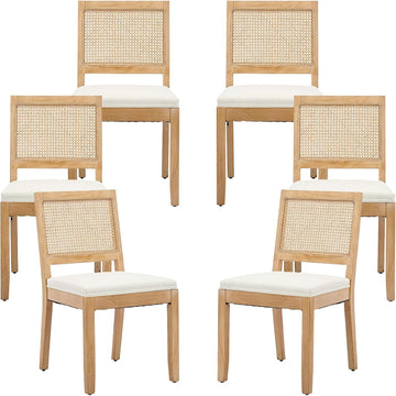 French Country Dining Chairs Set of 6, Beige Modern Kitchen & Dining Room Chairs, Rattan Dining Chair with Linen