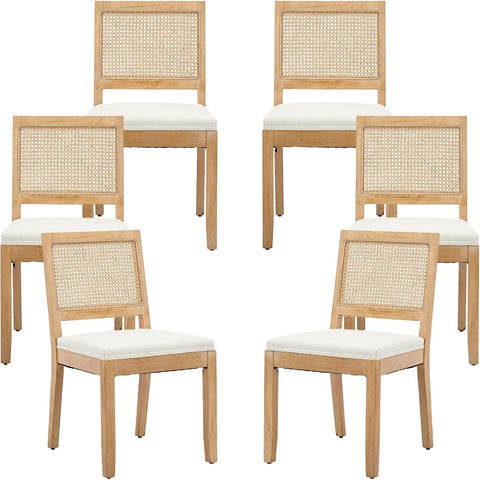 Vintage French Country Dining Chairs Set of 6, Rattan Dining Chairs with Low Square Back and Upholstered Seat for Kitchen or Dining Room, Beige
