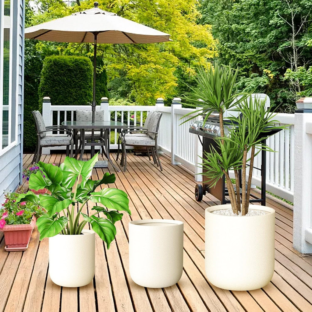 9.8",11.4",13" Dia Round Concrete-Like Planter Set of 3, Modern Style Large Cylindrical with Drainage Hole for Indoor