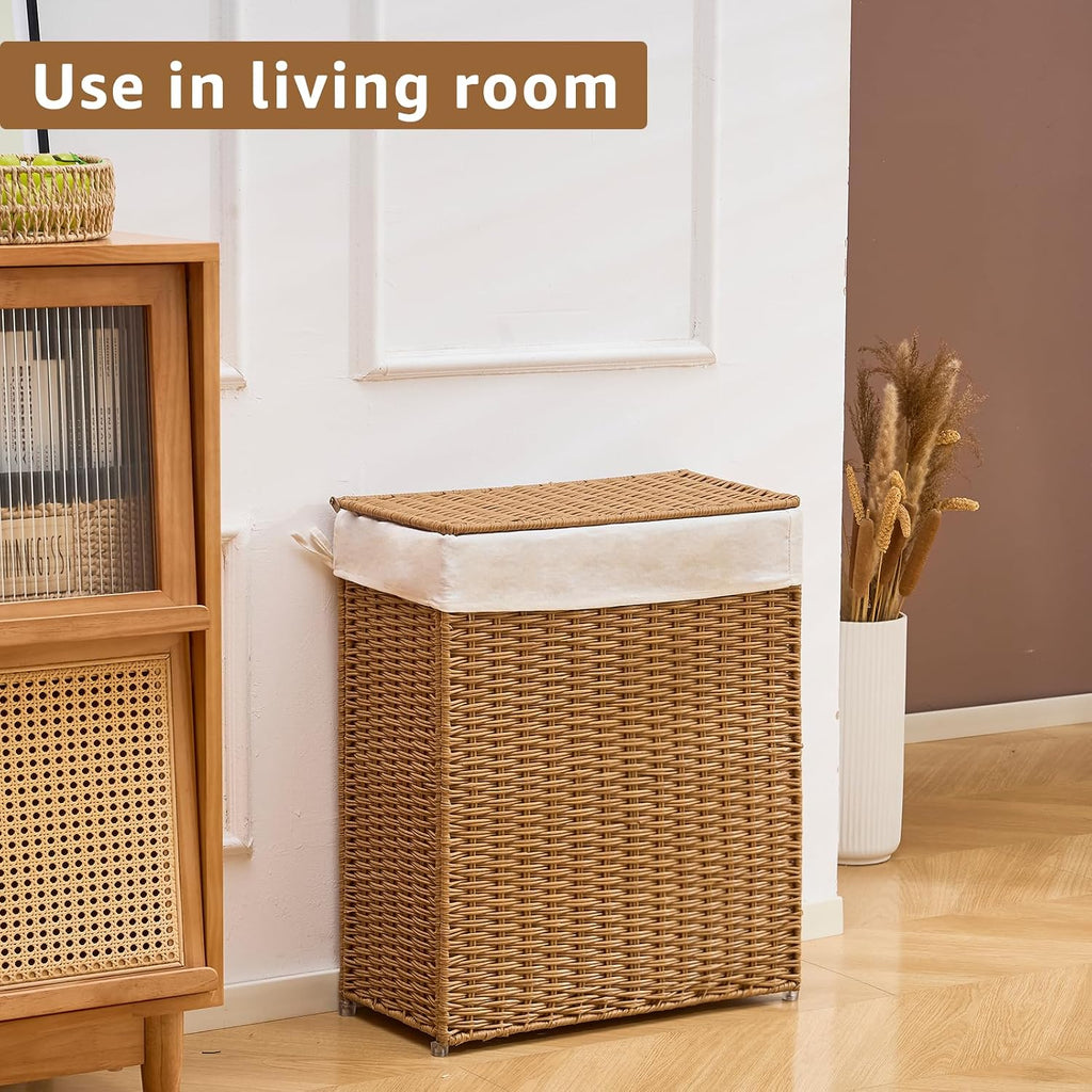Slim Wicker Laundry Hamper with Lid, 75L Handwoven Rattan Basket with Handles, Narrow Laundry Basket with Removable