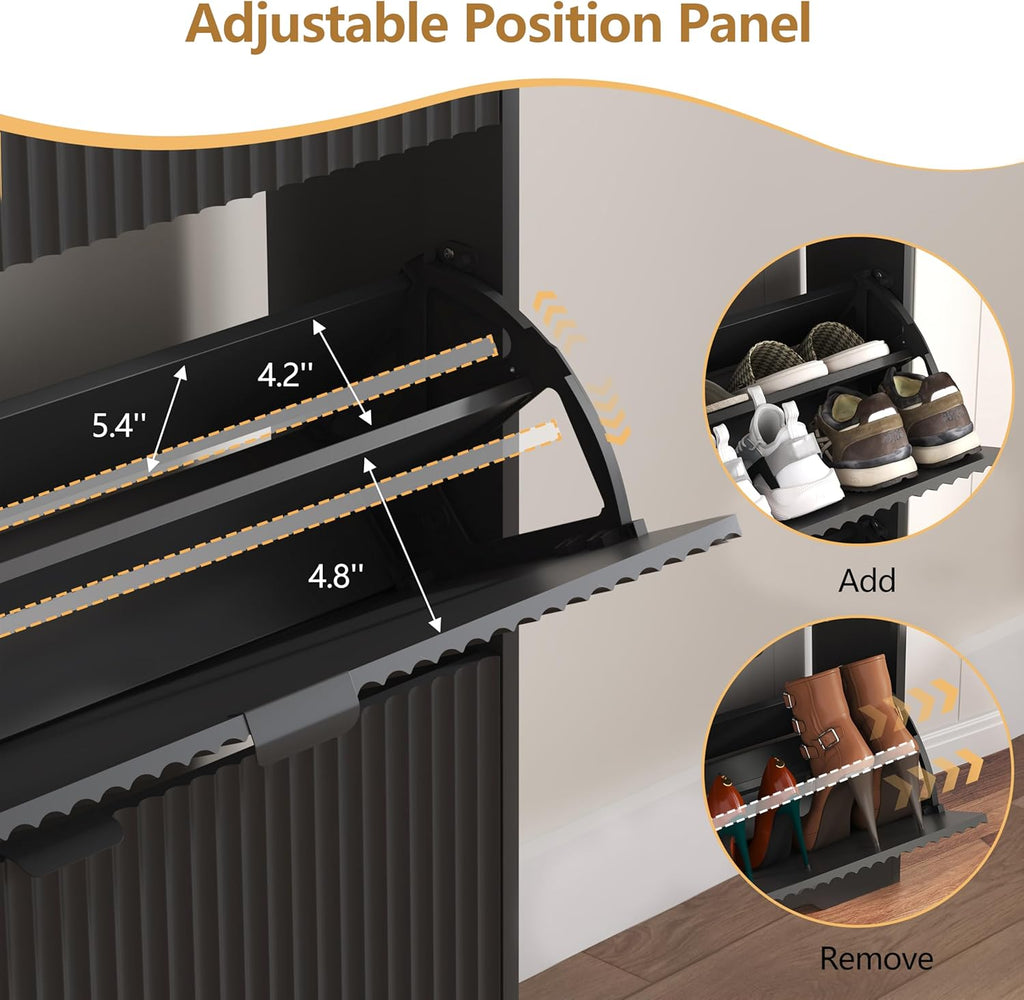 Shoe Cabinet Storage with 4 Flip Drawers, Black Fluted Shoe Cabinet with Adjustable Shelves, Wooden Hidden Shoe Rack