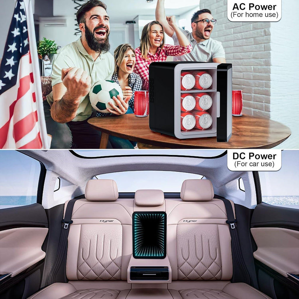 Mini Fridge, 6 Cans Small Refrigerator with Dimmable LED Light & Mirror Door, Portable Thermoelectric Cooler/Warmer