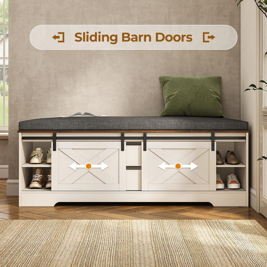60" Farmhouse Storage Bench with Cushion, Shoe Rack with Slide Barn Doors, Adjustable Shelf and 2 Drawer for Entry