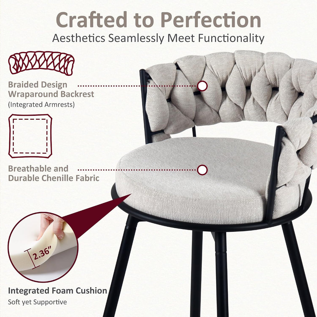 Bar Stools Set of 2, 28.7 inch Seat Height Bar Chairs, 360° Swivel Counter Height Barstools with Woven Back and Arm